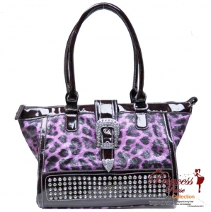Designer Inspired Animal Print Glossy Leatherette Hand Bag w/ Flip-over Buckle and Rhinestone Decor
